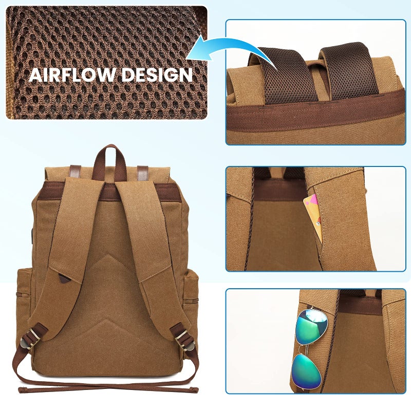 Modoker حقائب ظهر مودوكر القماشية الكلاسيكية للرجال والنساء، حقيبة سفر للكمبيوتر المحمول تناسب أجهزة الكمبيوتر اللوحي بحجم 17/15.6 بوصة، حقيبة كتب كبيرة مع منفذ شحن USB، بني - Image 5